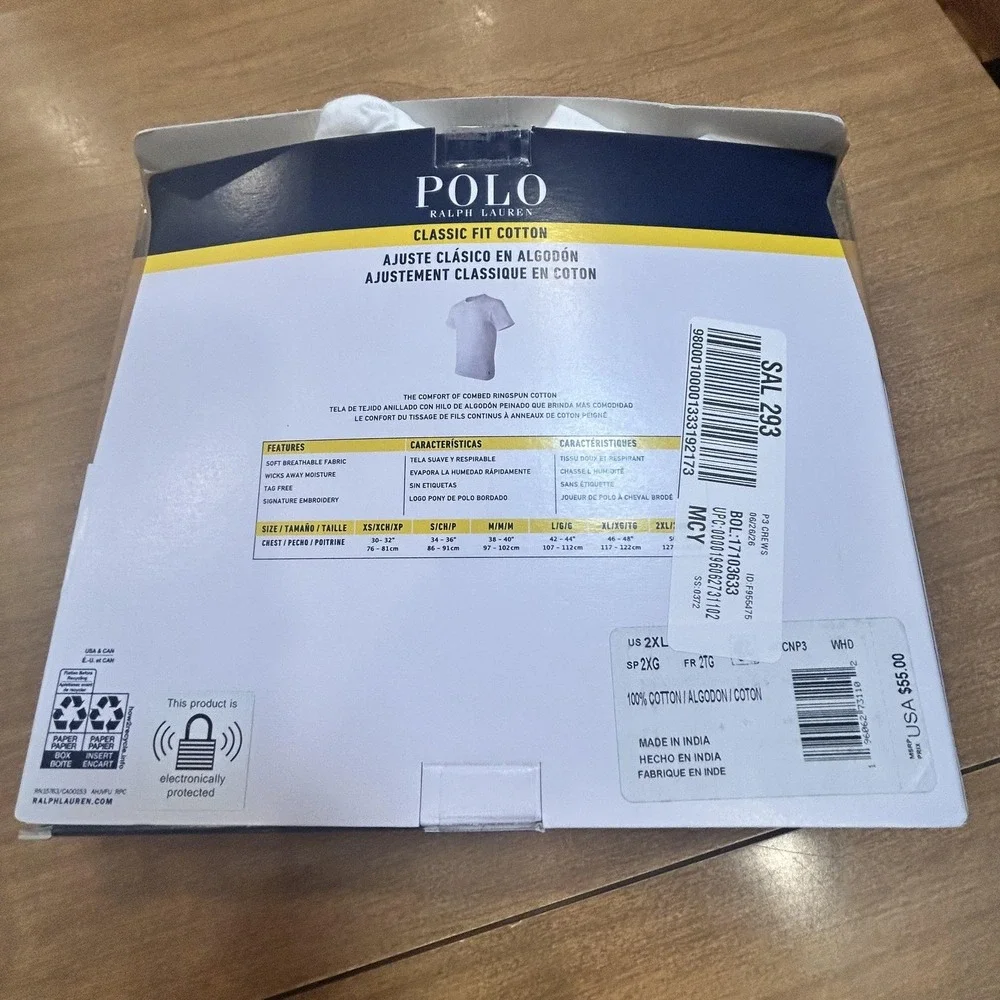 Polo Ralph Lauren Crew Undershirt Mens 2XL White Classic Fit 3 Pack Tagless